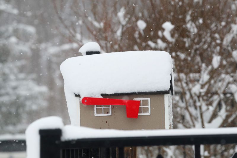 A thick layer of snow accumulated on a mail box during the blizzard on February 23, 2026.