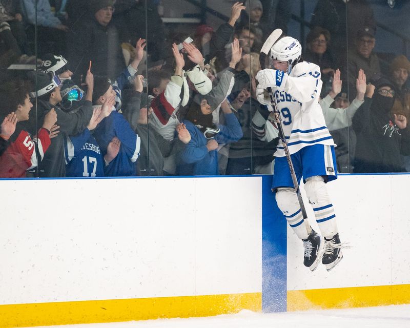Whitesboro’s Marco Benedetto leaps against the glass after scoring a goal in a Section III semifinal playoff win over Clinton at the Whitestown Community Center.