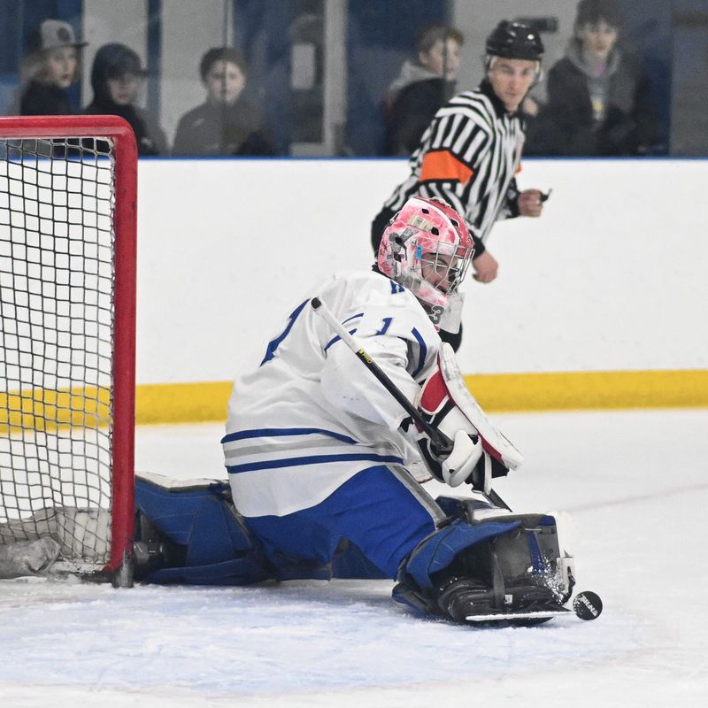 Whitesboro’s Luke Balfe makes a save against Clinton February 24.