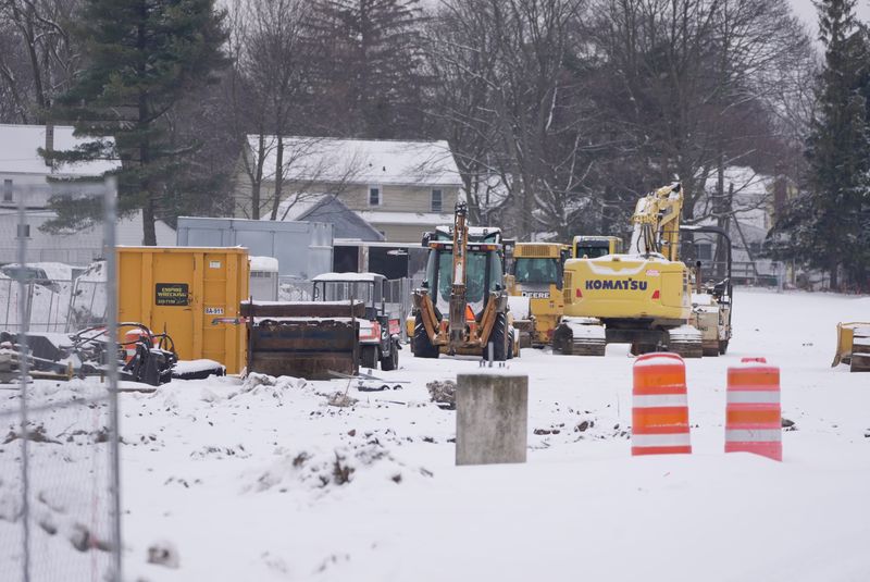 Work continues to put in artificial turf fields at Brighton High School, with the bulk of equipment at the Winton Road side of the project on Feb. 25, 2026.