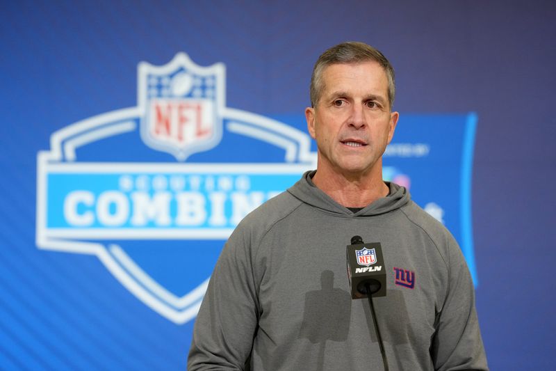 Feb 24, 2026; Indianapolis, IN, USA; New York Giants coach John Harbaugh speaks at the NFL Scouting Combine at the Indiana Convention Center. Mandatory Credit: Kirby Lee-Imagn Images