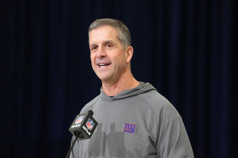 Feb 24, 2026; Indianapolis, IN, USA; New York Giants coach John Harbaugh speaks at the NFL Scouting Combine at the Indiana Convention Center. Mandatory Credit: Kirby Lee-Imagn Images