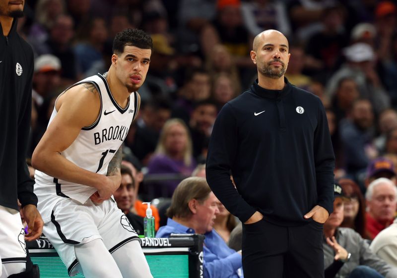 Jan 27, 2026; Phoenix, Arizona, USA; Brooklyn Nets forward Michael Porter Jr. (17) and head coach Jordi Fernandez against the Phoenix Suns at Mortgage Matchup Center. Mandatory Credit: Mark J. Rebilas-Imagn Images