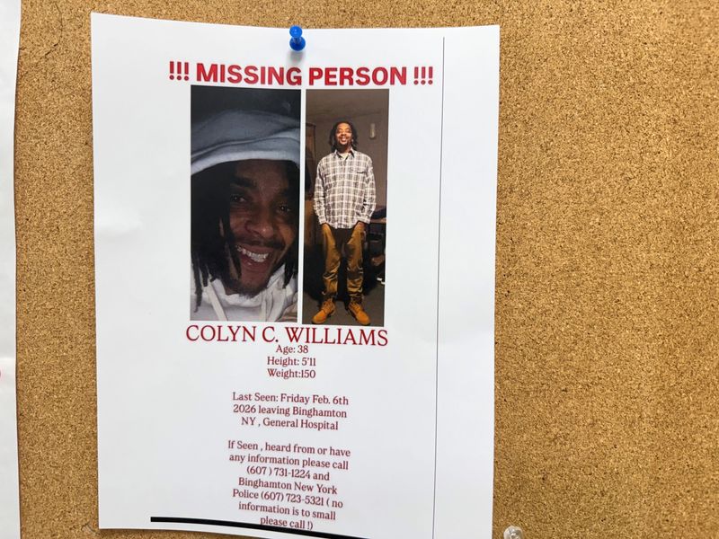 A flyer of Colyn C. Williams hanging in the lobby of Binghamton City Hall. Williams was last seen leaving Binghamton General Hospital on Feb. 6, 2026.