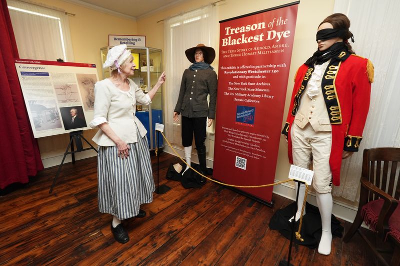 Constance Kehoe, president of Revolutionary Westchester 250 (RW250), talks about the "Treason of the Blackest Dye" exhibit at the Irvington Historical Society, Feb. 26, 2026 in Irvington. The exhibit, put on by RW250, details the story of the capture of British spy John André in Tarrytown in 1780.