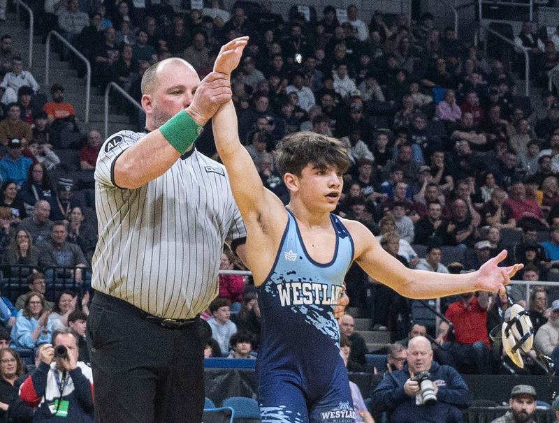 Marcarlo Mannello of Westlake defeated Ayden Delgado of Division to win the Division 1, 103 pound championship match at the New York State wrestling championships at the MVP Arena in Albany Feb. 28, 2026.