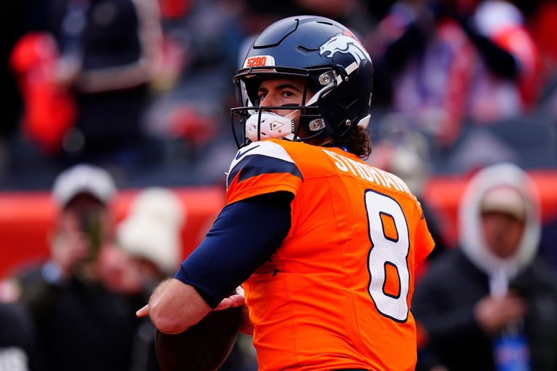 Jan 25, 2026; Denver, CO, USA; Denver Broncos quarterback Jarrett Stidham (8) practices before the 2026 AFC Championship Game at Empower Field at Mile High. Mandatory Credit: Ron Chenoy-Imagn Images