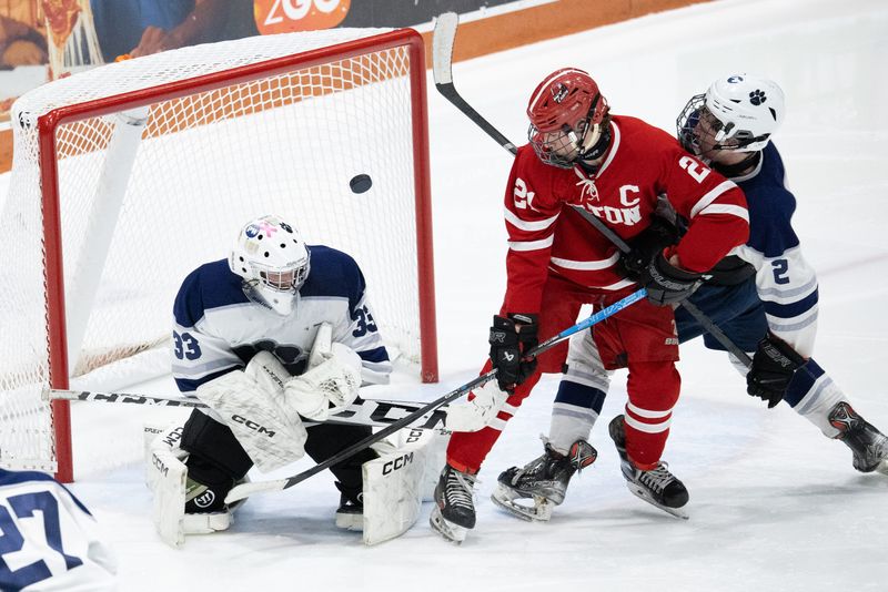 Hilton's Hunter Huttemann stands in front as a shot gets past Pittsford's Aiden Stauffer during the Section V Class A final.