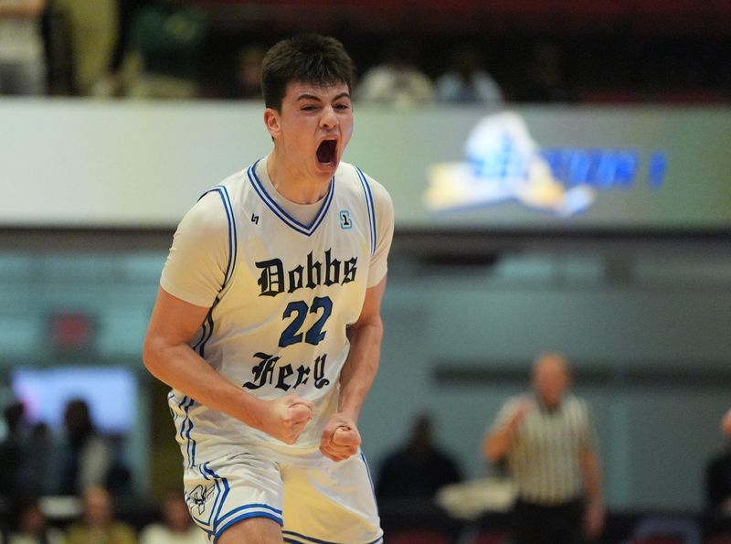 Dobbs Ferry's Anthony Ficarrotta (22) reacts to scoring a basket during the Section 1 Class B boys basketball semifinal game at the Westchester County Center in White Plains on Tuesday, March 3, 2026.
