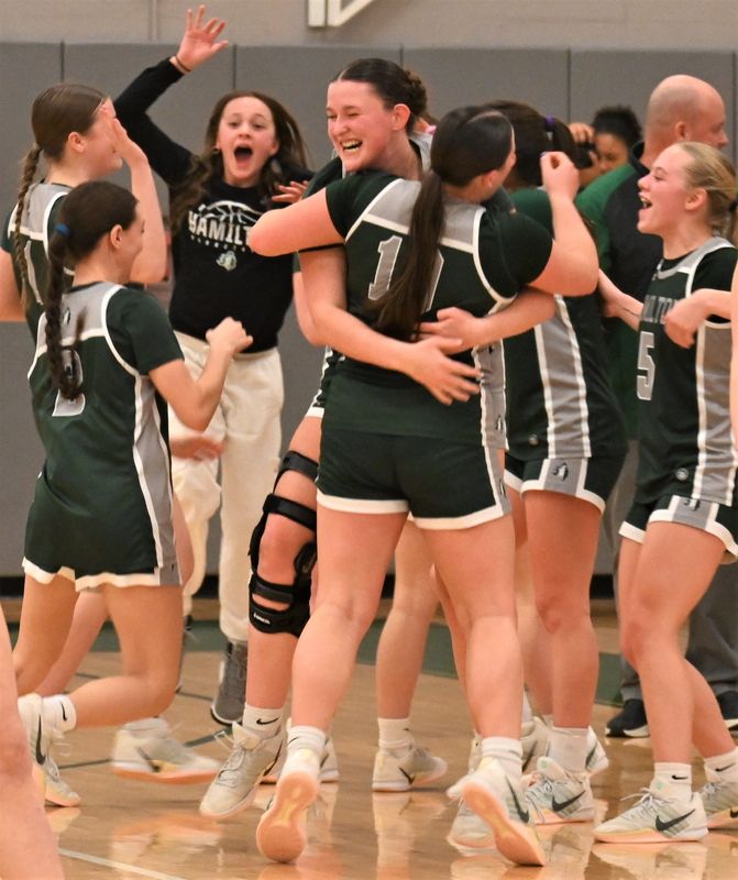 The Hamilton Emerald Knights celebrate as time expires Tuesday on their victory over top seed Frankfort-Schuyler at Section III's semifinal Class C doubleheader at SUNY-Morrisville. Hamilton will play in the sectional finals Saturday for the fourth year in a row.