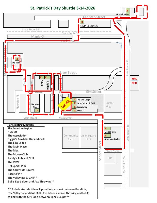 Hornell Area Transit will provide free shuttle bus service around the city on Saturday, March 14. Catch a ride to all the top St. Patrick's Day party spots from 1 to 10 p.m. The service is sponsored by Hornell area businesses.