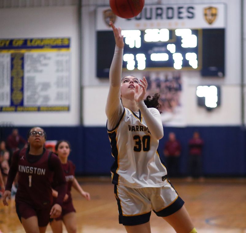 Lourdes’ Bianka Velovic goes for a layup during the Section 9 Class AAA girls basketball semifinal game versus Kingston on March 5, 2026.