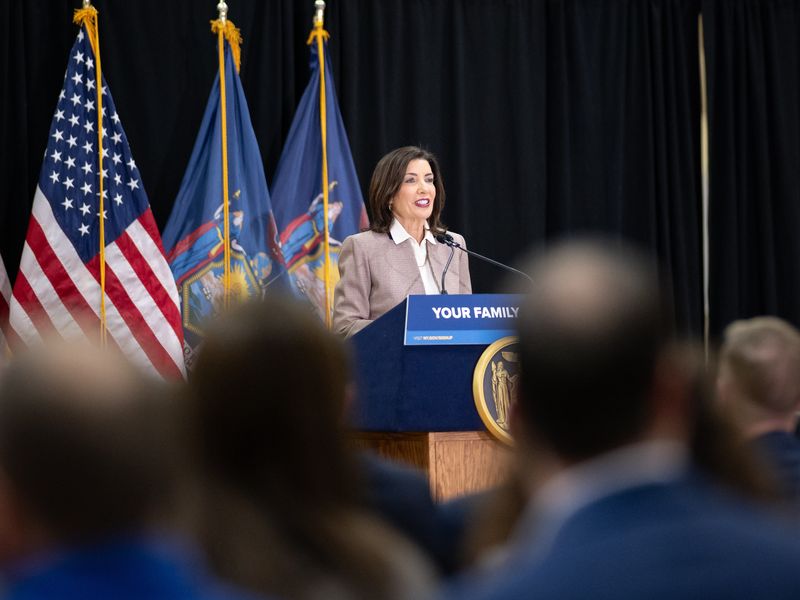New York State Governor Kathy Hochul addresses the crowd inside of the former Cazenovia College Athletic Facility on Friday, March 6, 2026. The governor announced that the Village of Cazenovia will receive $10 million in funding as the CNY winner of the ninth round of the Downtown Revitalization Initiative, and the Villages of Marcellus and Mexico will both receive $4.5 million as the CNY winners of the fourth round of NY Forward.