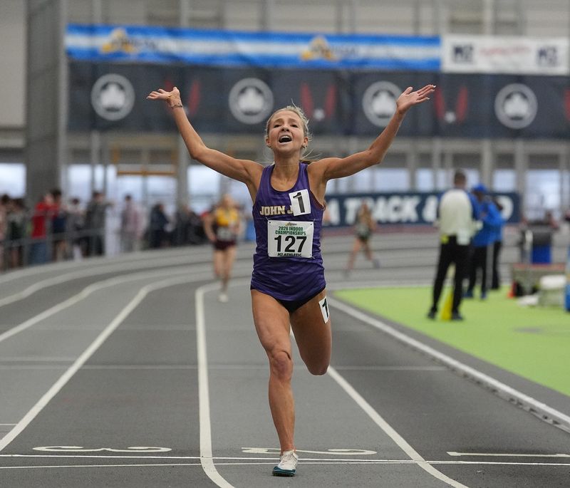 John Jay-Cross River's Sloan Wasserman wins the 3000-meter with a time of 9:27.39 during day 1 of the NYSPHSAA Track & Field Championships at Ocean Breeze Athletic Complex in Staten Island on Friday, March 6, 2026.