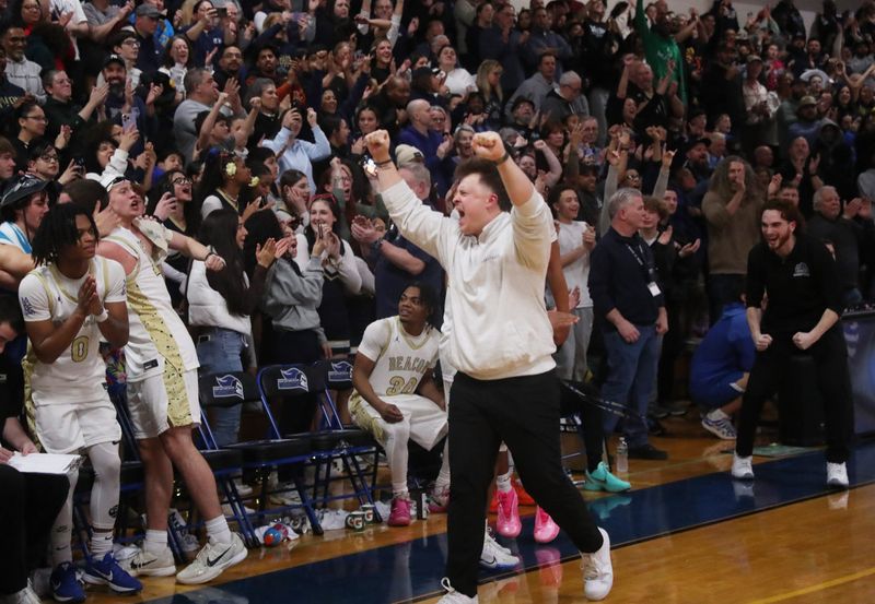 Beacon’s head coach Patrick Schetter celebrates winning the Section 9 Class A boys basketball championship game versus Red Hook on March 6, 2026.