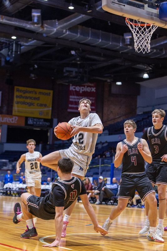 Andover-Whitesville junior Vincent Joyce powers to the hoop as the merged program won its first-ever Section V title with a 54-47 win over Elba at the Blue Cross Arena in Rochester Friday, March 6, 2026.