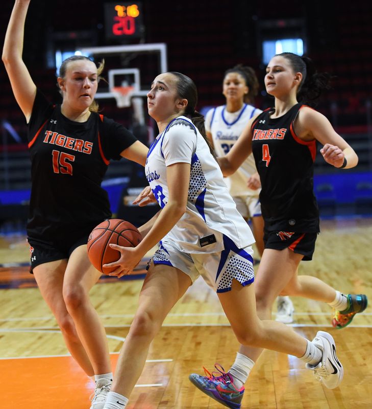 Horseheads' Samantha Bonnell goes up for a shot as Union-Endicott's Alyssa Hoffman (15) defends during the Blue Raiders' 51-23 win in the Section 4 Class AA girls basketball championship game March 8, 2026 at Visions Veterans Memorial Arena in Binghamton.