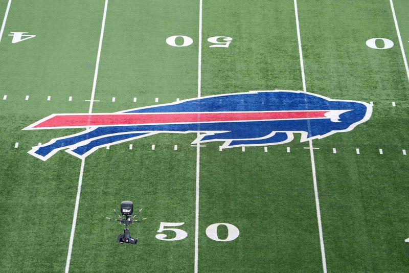 Jan 15, 2024; Orchard Park, New York, USA; The Buffalo Bills logo at midfield at a 2024 AFC wild card game at Highmark Stadium.