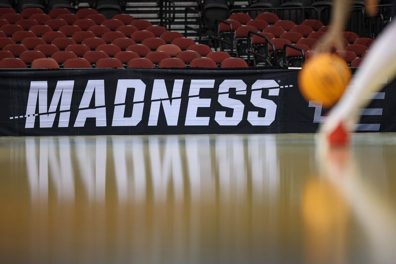 General view of a NCAA March Madness logo during a practice sessions in preparation for an East Regional semifinal games at Prudential Center.