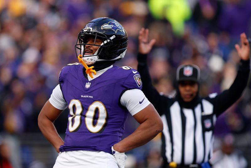 Dec 7, 2025; Baltimore, Maryland, USA; Baltimore Ravens tight end Isaiah Likely (80) reacts after scoring a touchdown against the Pittsburgh Steelers during the second half at M&T Bank Stadium. Mandatory Credit: Peter Casey-Imagn Images