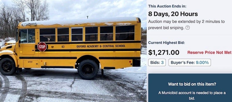 DCMO BOCES school district is auctioning off two used 2017 International Buses featuring 30 seats, diesel engine, 6-cylinder, rear wheel drive, automatic transmission, and air brakes. The deadline to submit bids to the auction is March 17, 2026.