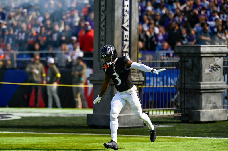 Oct 26, 2025; Baltimore, Maryland, USA; Baltimore Ravens cornerback Chidobe Awuzie (3) takes the field before the game against the Chicago Bears at M&T Bank Stadium. Mandatory Credit: Tommy Gilligan-Imagn Images
