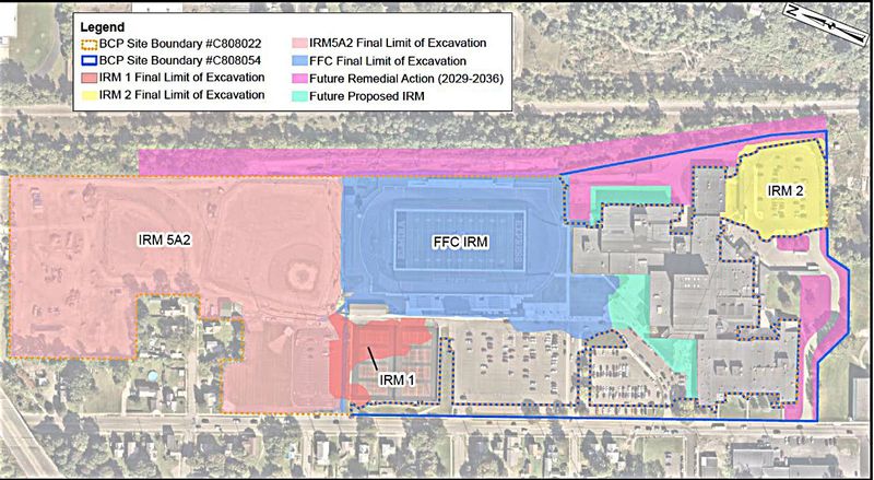 This map shows the Elmira High School property, with sports fields on the left and school buildings on the right. Areas shaded in pink show where future remediation of contamination from prior industrial use will take place.