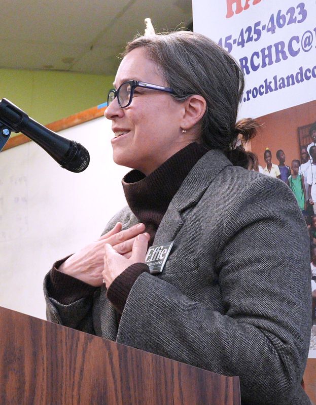 Effie Phillips-Staley, a Democrat running for Rep. Mike Lawler's 17th District seat, speaks at a forum at Konbit Neg Lakay in Spring Valley March 12, 2026.