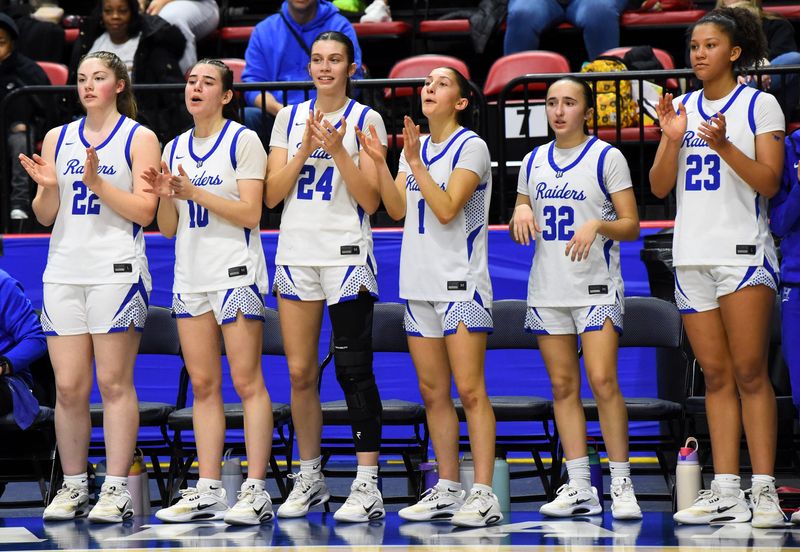 Horseheads players, from left, Mya Piecuch, Maggie Tremaine, Sadie Gustin, Maddie Ribble, Samantha Bonnell and Giana Hughey cheer their teammates at the end of a 57-30 win over Cornwall in a NYSPHSAA Class AA girls basketball regional final March 15, 2026 at Visions Veterans Memorial Arena in Binghamton.