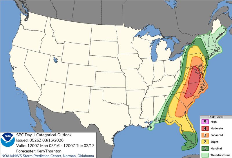 Map from the National Weather Service Storm Prediction Center showing severe weather expected across much of the eastern U.S. on Monday, March 16.