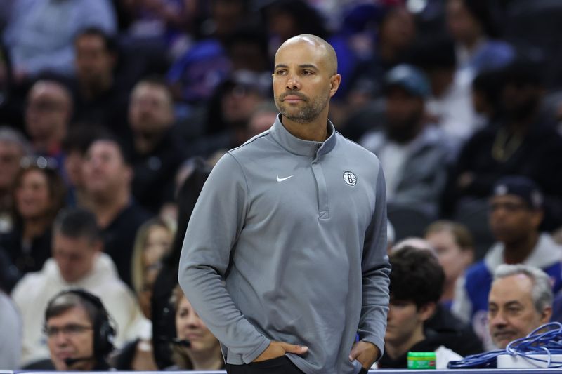 Mar 14, 2026; Philadelphia, Pennsylvania, USA; Brooklyn Nets head coach Jordi Fernandez looks on against the Philadelphia 76ers during the second quarter at Xfinity Mobile Arena. Mandatory Credit: Bill Streicher-Imagn Images