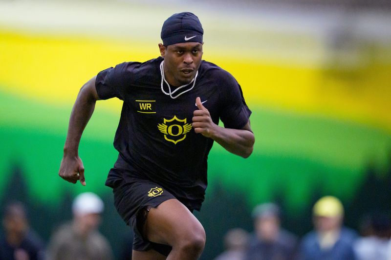 Oregon wide receiver Malik Benson runs during Oregon Pro Day on March 17, 2026, at the Moshofsky Center in Eugene, Oregon.