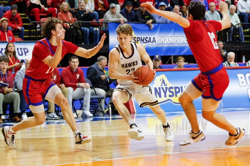 Fairport downed Corning, 79-72, in a NYSPHSAA Class AAA boys basketball semifinal March 20, 2026 at Visions Veterans Memorial Arena in Binghamton.