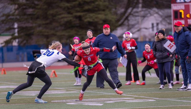 Parker Graham evades a defender along the sideline as Hornell won its first-ever flag football game with a 52-13 victory over Geneseo at Maple City Park Monday, March 23, 2026.