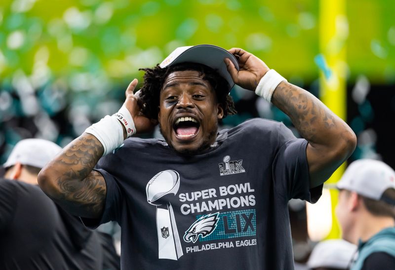 Feb 9, 2025; New Orleans, LA, USA; Philadelphia Eagles safety C.J. Gardner-Johnson celebrates after defeating the Kansas City Chiefs in Super Bowl LIX at Ceasars Superdome.