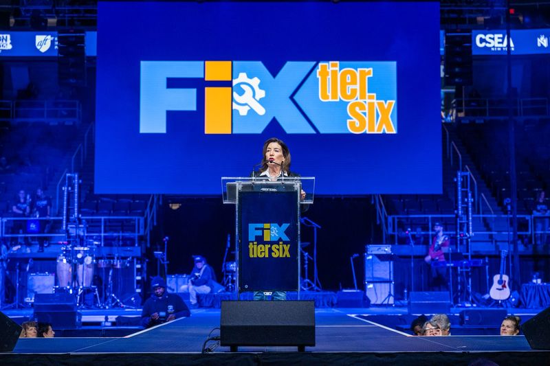 Shown is New York Gov. Kathy Hochul at a labor rally on March 8, 2026 in Albany connected to a push to reform New York's pension system.