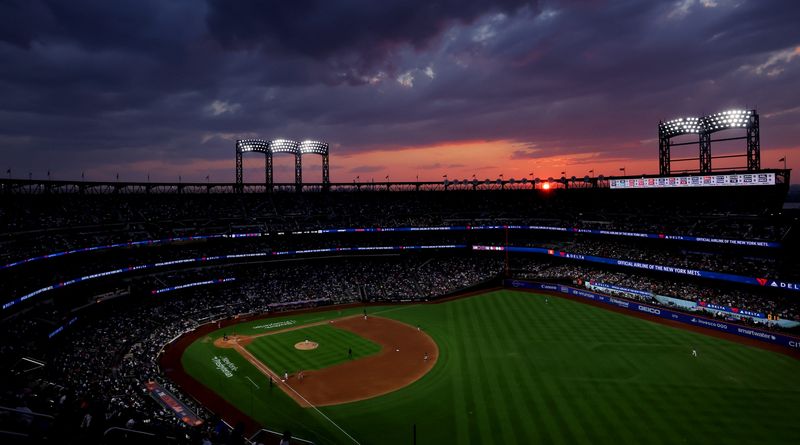Jul 21, 2025; New York City, New York, USA; General view of sunset over Citi Field during the fourth inning between the New York Mets and the Los Angeles Angels. Mandatory Credit: Brad Penner-Imagn Images