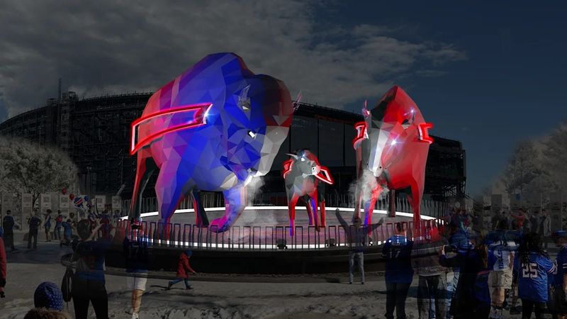 The Buffalo Bills' new Highmark Stadium will feature a Family Circle with stainless steel bison sculptures and plaques honoring Bills Wall of Fame members and western New York history.