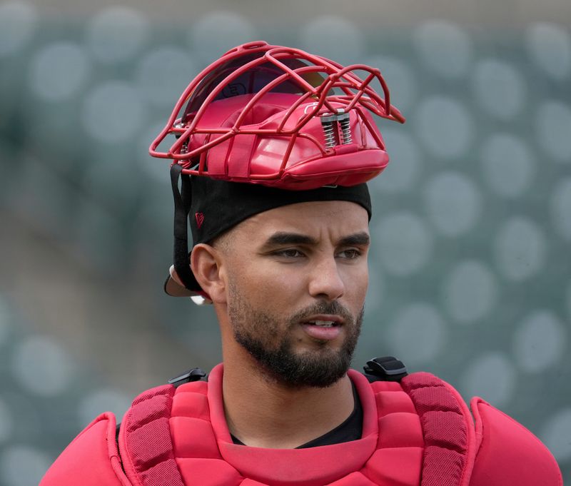 Red Wings catcher Harry Ford keeps watch on infield practice during the teams workout at ESL Ballpark in Rochester Wednesday, March 25, 2026.