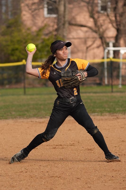 Nanuet's Quennie Chavez (2) throws to first during softball action at Albertus Magnus High School in Bardonia on Wednesday, March 25, 2026. Albertus Magnus won 4-3.