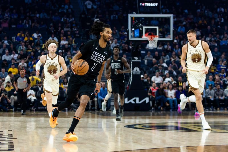 Mar 25, 2026; San Francisco, California, USA; Brooklyn Nets forward Ziaire Williams dribbles against the Golden State Warriors during the first quarter at Chase Center. Mandatory Credit: John Hefti-Imagn Images