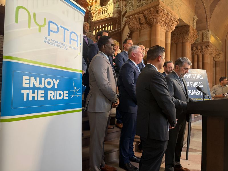 Several Rochester-area lawmakers, including Sen. Jeremy Cooney and Assemblymembers Harry Bronson and Demond Meeks, pushed for an increase in funding for upstate New York public transit inside the New York State Capitol on Wednesday, March 25, 2026.
