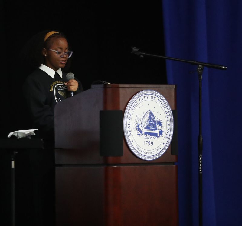 Arianna Graham from the Youth Leadership in Government Program welcomes the crowd to the Poughkeepsie State of the City Address on March 26, 2026.