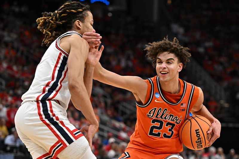 Mar 26, 2026; Houston, TX, USA; Illinois Fighting Illini guard Keaton Wagler (23) dribbles the ball against Houston Cougars guard Kingston Flemings (4) in the second half during a Sweet Sixteen game of the South Regional of the men's 2026 NCAA Tournament at Toyota Center. Mandatory Credit: Maria Lysaker-Imagn Images