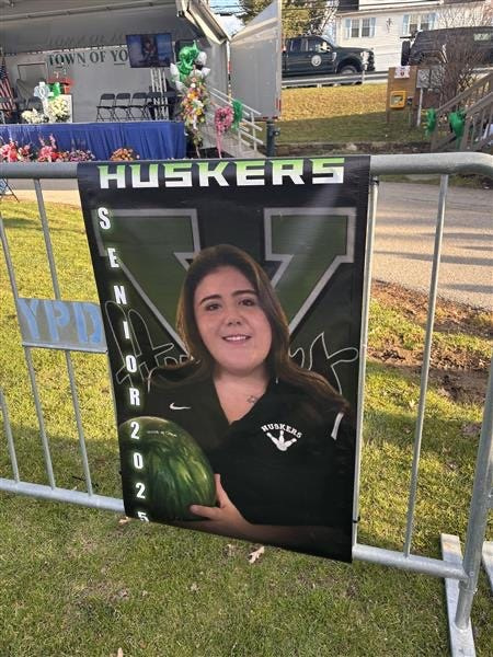 A seniors 2025 banner for the Yorktown High School bowling team featuring Sheridan Gorman, as photographed March 28, 2026.