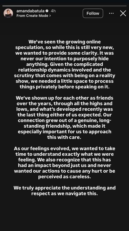 Amanda Batula and West Wilson's joint statement which was posted on their Instagram stories on March 31.