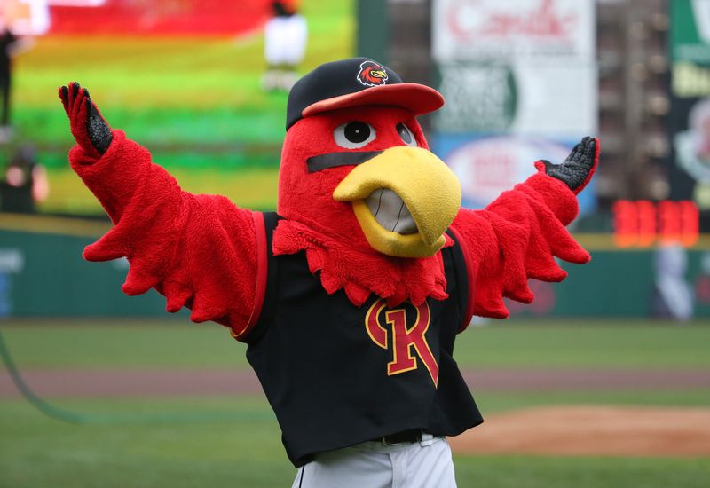 Red Wings mascot Spikes looks for some love from the crowd as he is introduced during the Red Wings home opener Wednesday, April 1, 2026 at ESL Ballpark in Rochester.