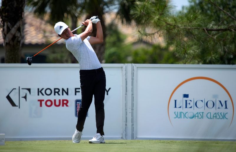 Brandon Wu of Dallas, TX tees off on the tenth hole. The second round of the LECOM Suncoast Classic golf tournament on the Korn Ferry Tour was held Friday, April 3, 2026 at Lakewood National Golf Club in Lakewood Ranch.