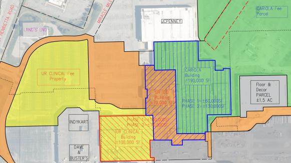 A conceptual site plan shows the portions of the Marketplace Mall that could become the new Mary Cariola Center and University of Rochester Medical Center facilities.