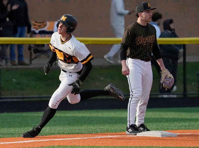 McQuaid’s T.D. Jordan races around third base on his way to scoring on a double by teammate Connor Forkey in the fourth inning during their Section V baseball non-league game Monday, April 6, 2026, at McQuaid Jesuit High School.